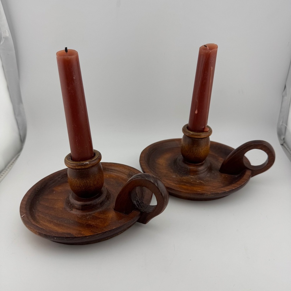 Vintage Wood Candle Holder Set Brown Rustic Chamberstick Finger‎ Loop